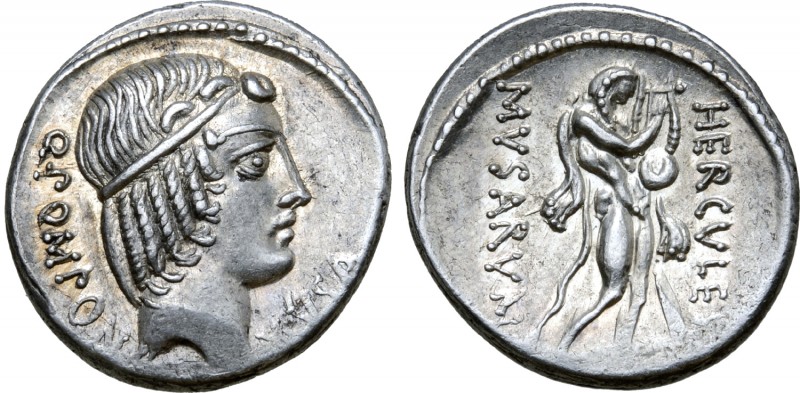 Q. Pomponius Musa AR Denarius. Rome, 66 BC. Diademed head of Apollo right; Q•POM...