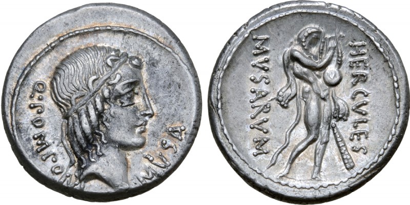 Q. Pomponius Musa AR Denarius. Rome, 66 BC. Diademed head of Apollo right; Q•POM...
