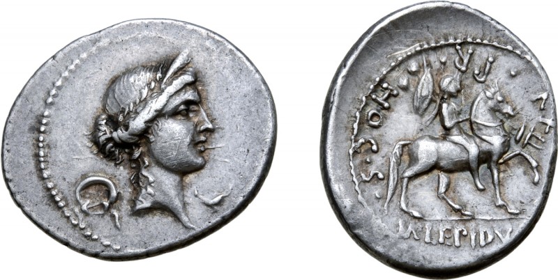 M. Aemilius Lepidus AR Denarius. Rome, 61 BC. Laureate and diademed female head ...