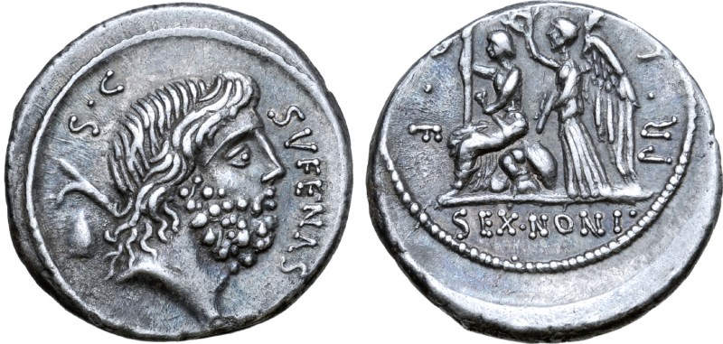 M. Nonius Sufenas AR Denarius. Rome, 59 BC. Bearded head of Saturn right; harpa ...