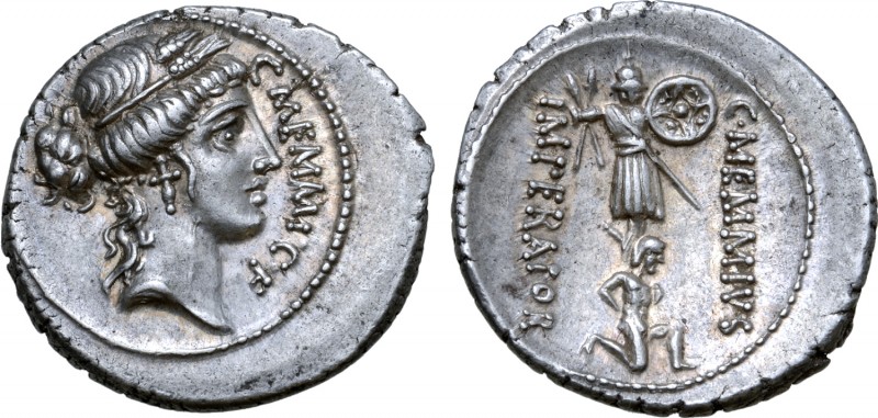 C. Memmius C. f. AR Denarius. Rome, 56 BC. Head of Ceres right, wearing wreath o...