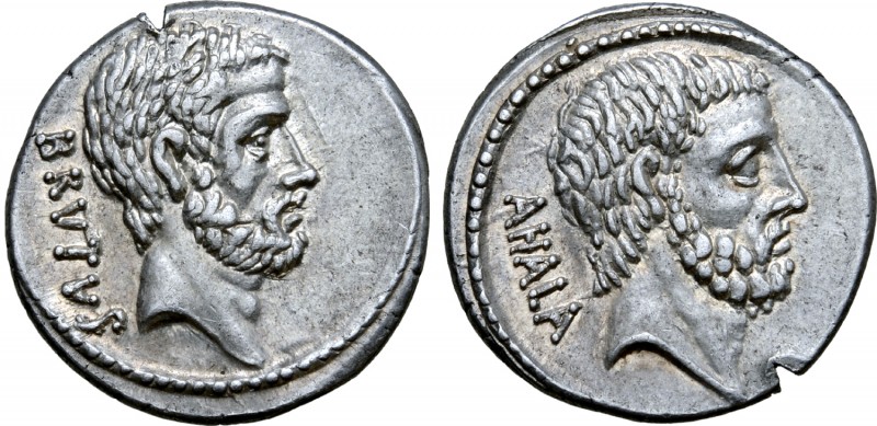 Q. Servilius Caepio (M. Junius) Brutus AR Denarius. Rome, 54 BC. Bare head of L....