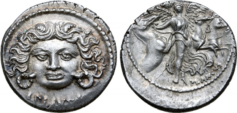 L. Plautius Plancus AR Denarius. Rome, 47 BC. Head of Medusa facing, with coiled...
