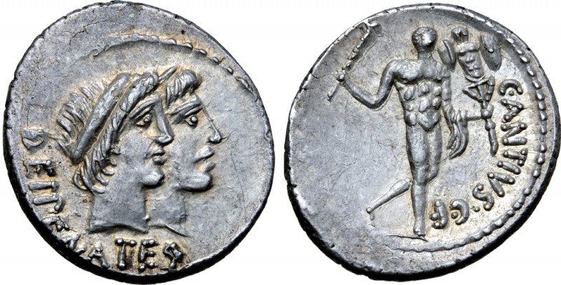C. Antius C. f. Restio AR Denarius. Rome, 47 BC. Jugate heads of the Dei Penates...