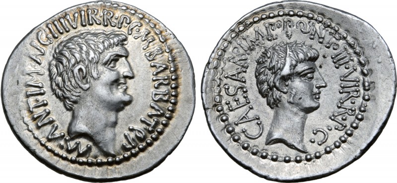 Marc Antony and Octavian AR Denarius. Military mint moving with Antony (Ephesus?...