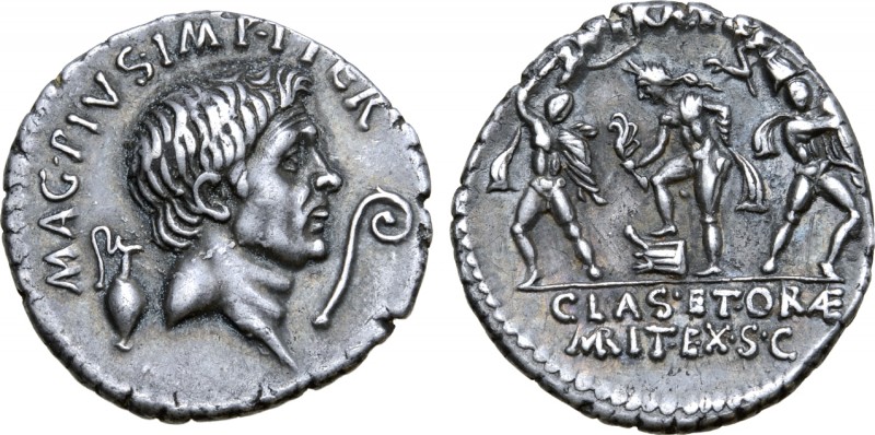 Sextus Pompey AR Denarius. Uncertain mint in Sicily (Catania?), 42-40 BC. Bare h...