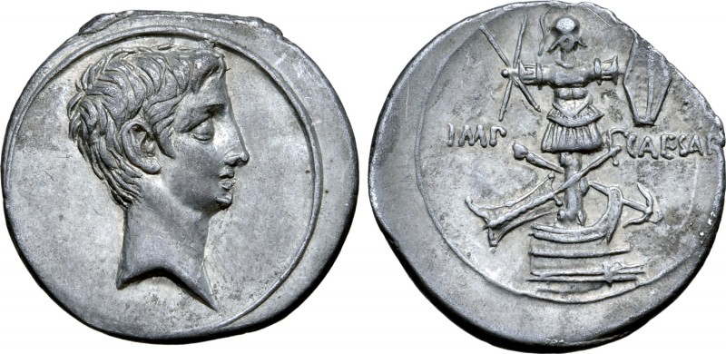 Octavian AR Denarius. Uncertain Italian mint (Brundisium or Rome?), 30-29 BC. Ba...