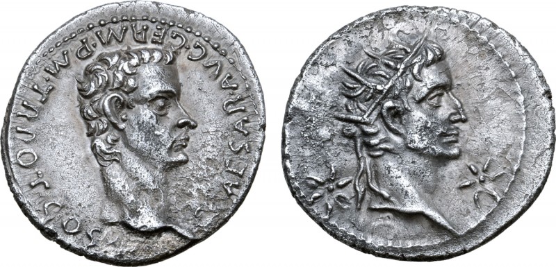 Caligula, with Divus Augustus, AR Denarius. Lugdunum, AD 37. C CAESAR AVG GERM P...