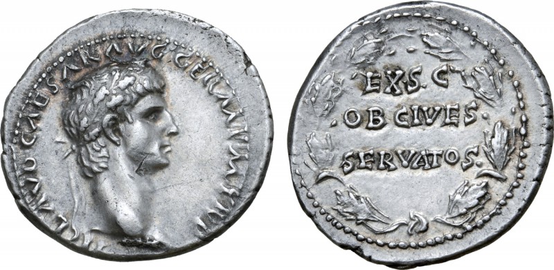 Claudius I AR Denarius. Rome, AD 41-42. TI CLAVD CAESAR AVG GERM P M TR P, laure...