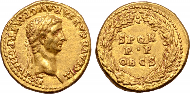 Claudius I AV Aureus. Lugdunum, AD 46-47. TI CLAVD CAESAR AVG P M TR P VI IMP XI...