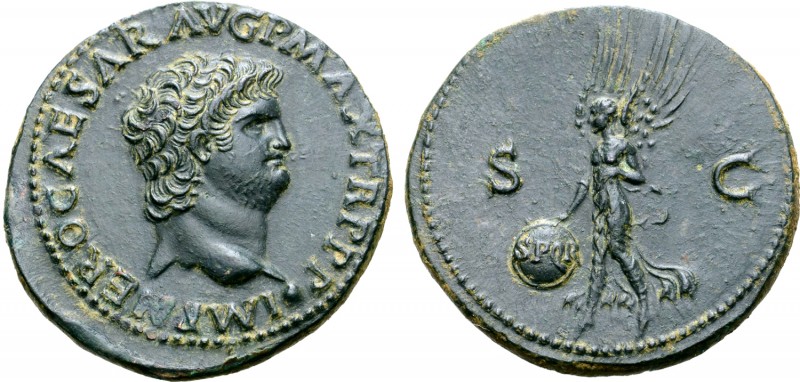 Nero Æ As. Lugdunum, circa AD 66. IMP NERO CAESAR AVG P MAX TR P P P, bare head ...