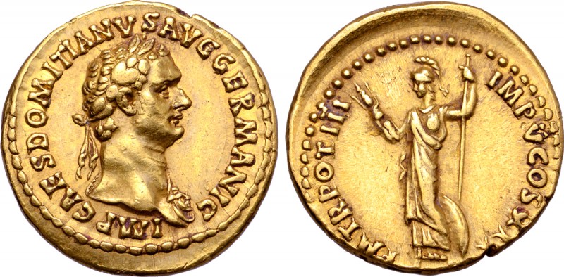 Domitian AV Aureus. Rome, AD 84. IMP CAES DOMITIANVS AVG GERMANIC, laureate bust...