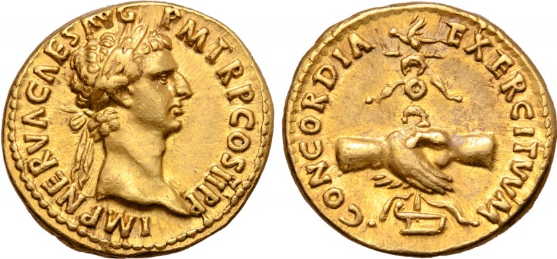 Nerva AV Aureus. Rome, AD 96. IMP NERVA CAES AVG P M TR P COS II P P, laureate h...