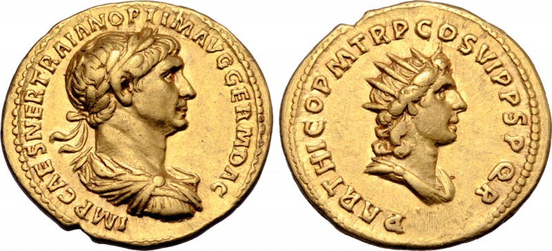 Trajan AV Aureus. Rome, AD 116-117. IMP CAES NER TRAIAN OPTIM AVG GERM DAC, laur...