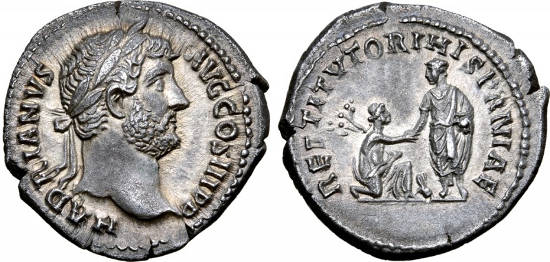 Hadrian AR Denarius. Rome, AD 134-138. HADRIANVS AVG COS III P P, laureate bust ...