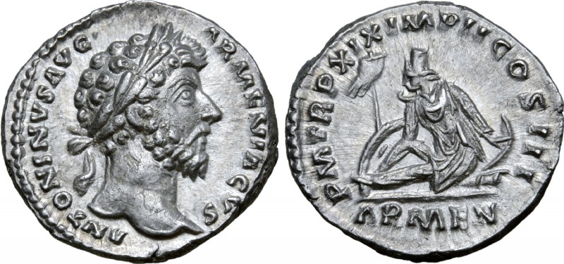 Marcus Aurelius AR Denarius. Rome, AD 164-165. ANTONINVS AVG ARMENIACVS, laureat...