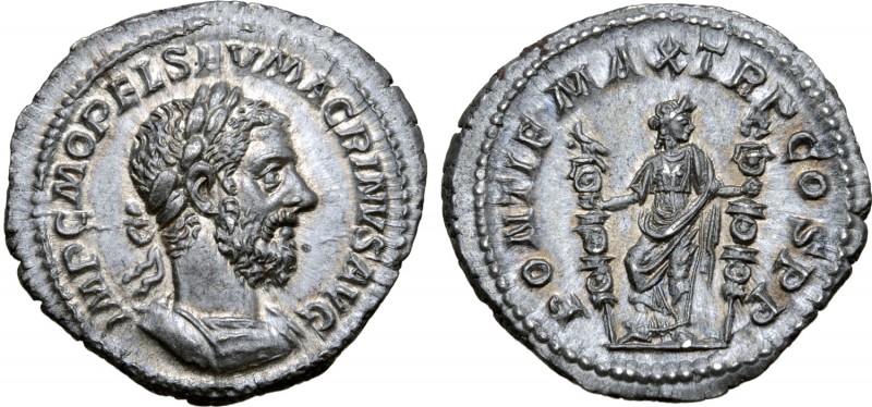 Macrinus AR Denarius. Rome, AD 217-218. IMP C M OPEL SEV MACRINVS AVG, laureate,...