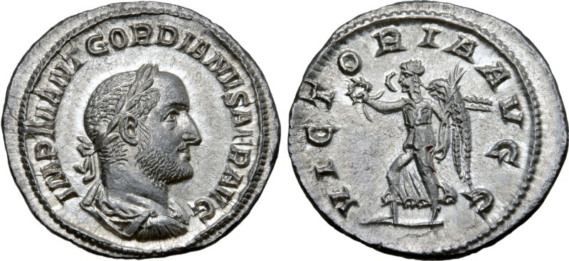 Gordian II AR Denarius. Rome, AD 238. IMP M ANT GORDIANVS AFR AVG, laureate, dra...