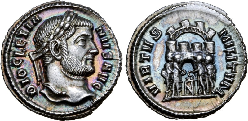 Diocletian AR Argenteus. Siscia, AD 293-4. DIOCLETIANVS AVG, laureate head right...