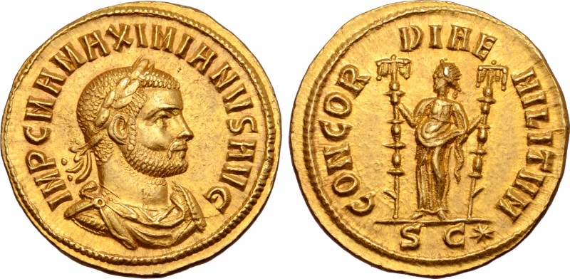 Maximian AV Aureus. Cyzicus, AD 286-287. IMP C MA MAXIMIANVS AVG, laureate, drap...