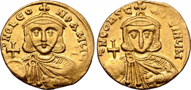 Leo III the Isaurian, with Constantine V, AV Solidus. Constantinople, c. AD 725-...