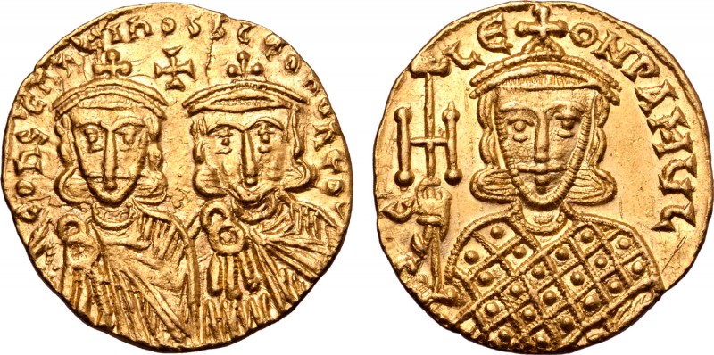 Constantine V Copronymus, with Leo IV and Leo III, AV Solidus. Constantinople, c...
