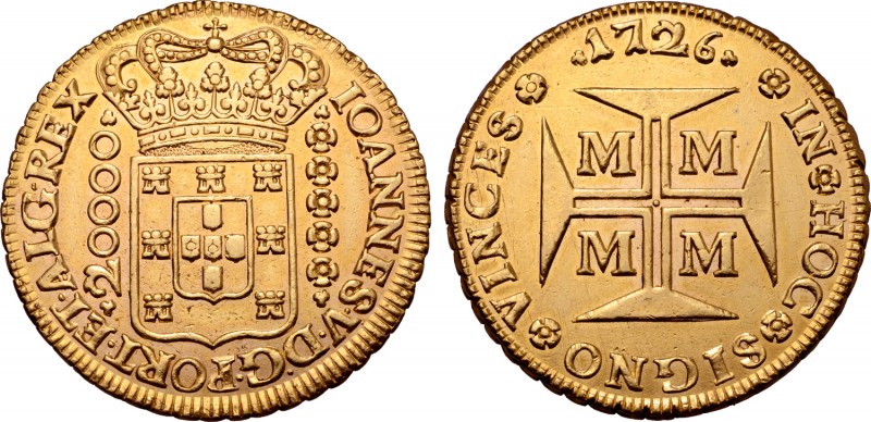 Brazil, Colonial. Juan V, King of Portugal (1706-1750) AV 20,000 Reis. Minas Ger...