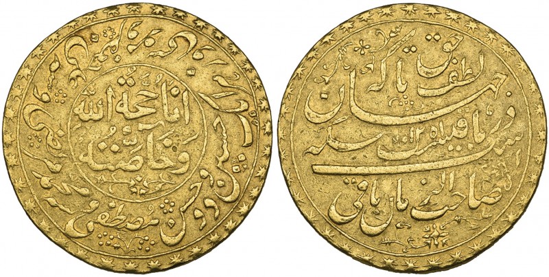 QAJAR, TEMP. MUHAMMAD SHAH (1250-1264h / AD 1834-1848). Gold five-mithqals, 1251...