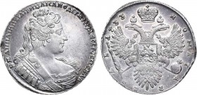 1 рубль 1733 года. 1 Rouble 1733

 Серебро. 26,68г. Кадашевский монетный двор. Аверс: без броши на груди, щитки пустые, в нижней ленте 4 украшения, ...