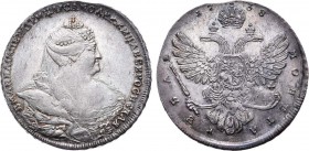 1 рубль 1738 года. Без букв. 1 Rouble 1738

 Серебро. 26,09г. Санкт-Петербургский монетный двор. Портрет работы Лефкена. Аверс: в прическе 3+4+4 жем...