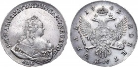 1 рубль 1742 года. СПБ. 1 Rouble 1742

 Серебро. 26,05г. Аверс: "СПБ" не разделяется точками, "ВСЕРОС:", крест короны под "I". Уздеников 0771. Битки...