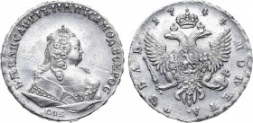 1 рубль 1744 года. СПБ. 1 Rouble 1744

 Серебро. 26,02г. Аверс: "СПБ" под портретом, "ВСЕРОС", крест короны под "IМ". Уздеников 0789. Биткин аверс -...