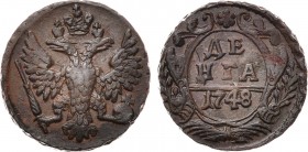 Деньга 1748 года. Denga 1748

 Медь. 9,25г. Екатеринбургский монетный двор. Уздеников 2530. Биткин подобен 401. Дьяков 60, 191. XF 45. 
 
 Из колл...