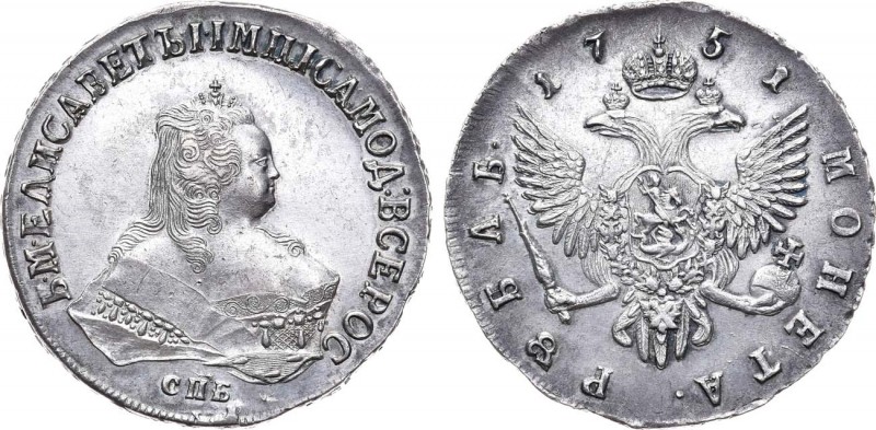 1 рубль 1751 года. СПБ. 1 Rouble 1751

 Серебро. 25,32г. Портрет работы Т. Леф...
