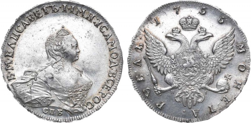 1 рубль 1755 года. СПБ-BS-ЯI. 1 Rouble 1755

 Серебро. 25,41г. Портрет работы ...