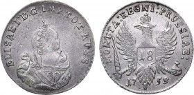 18 грошей 1759 года. 18 Groshy 1759

 Серебро. 5,90г. Для Пруссии. Кёнигсбергский монетный двор. Аверс: "ELISAB:I:D:G:IMP:TOT:RUSS". Реверс: "PRUSSI...