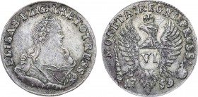 6 грошей 1759 года. 6 Groshей 1759

 Серебро. 2,87г. Для Пруссии, Кенигсбергский монетный двор. Уздеников 4871. Биткин 706(R). Дьяков 158, 651. AU 5...