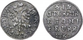 Грош 1760 года. Grosh 1760

 Серебро. 0,51г. Для Пруссии. Кёнигсбергский монетный двор. Уздеников 4879(∸). Биткин Отсутствует у Биткина, Дьякова . 2...