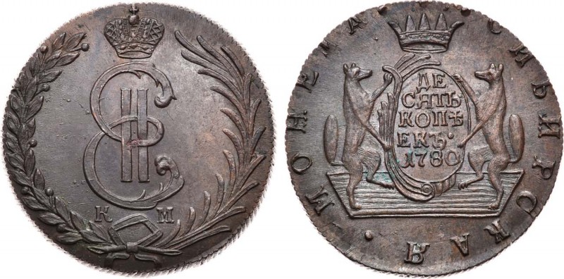 10 копеек 1780 года. КМ. Сибирские. 10 Kopecks 1780

 Медь. 73,05г. Сузунский ...