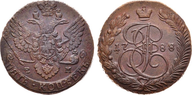 5 копеек 1788 года. ЕМ. 5 Kopecks 1788

 Медь. 48,29г. Аверс: орел образца 178...