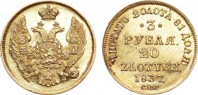 3 рубля 20 злотых 1837 года. СПБ-ПД. 3 Roubles 20 Zloty 1837

 Золото. 3,93г. Уздеников 4119(–). Биткин 1078(R). MS 61. 
 
 Добротный коллекционны...