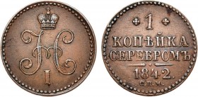 1 копейка 1842 года. СПМ. 1 Kopeck 1842

 Медь. 11,53г. Ижорский монетный двор. Уздеников 3418. Биткин 829. Brekke 229, 109. AU 50. 
 
 Ровная кор...