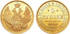 5 рублей 1849 года. СПБ-АГ. 5 Roubles 1849

 Золото. 6,55г. Уздеников 0231(•). Биткин 31. MS 62. 
 
 Яркий штемпельный блеск. Минимальные следы чи...