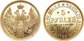 5 рублей 1851 года. СПБ-АГ. 5 Roubles 1851

 Золото. 6,56г. Уздеников 0234(•). Биткин 34. MS 62 PL. 
 
 Яркий штемпельный глянец. Красивый чёткий ...