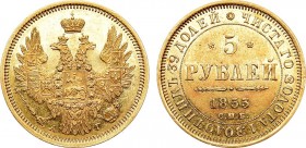 5 рублей 1853 года. СПБ-АГ. 5 Roubles 1853

 Золото. 6,51г. Уздеников 0236(•). Биткин 36. MS 61. 
 
 Приглушённый штемпельный глянец. Матированный...