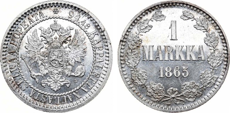 1 марка 1865 года. S. 1 Markkaa 1865

 Серебро. 5,20г. Гельсингфорсский монетн...