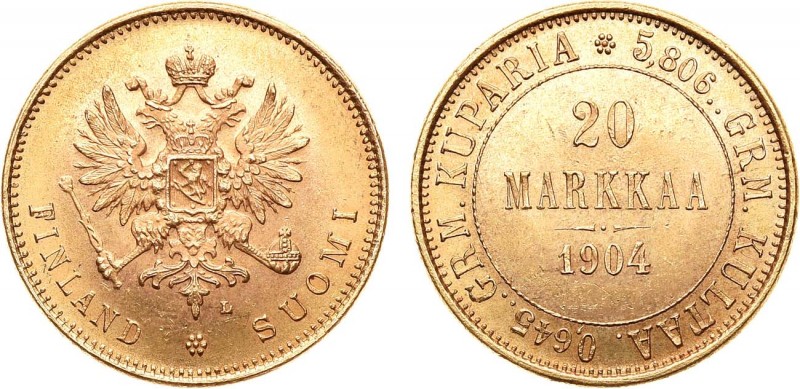 20 марок 1904 года. L. 20 Markkaa 1904

 Золото. 6,47г. Для Финляндии. Гельсин...