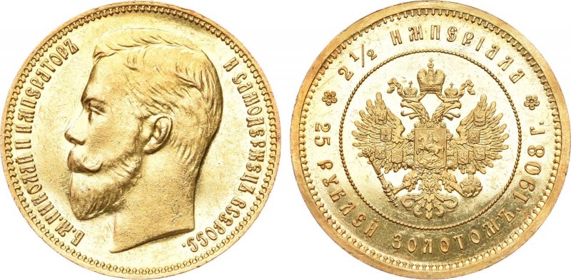 2 1/2 империала - 25 рублей 1908 года. 2 1/2 imperial - 25 Roubles 1908

 Золо...