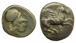 Epiro - Ambrakia (360-338 aC). Estátera corintia. Cabeza de Atena y Pegaso. Letra A bajo pegaso. S 1960var. 7,9 g. Ar.
mbc-