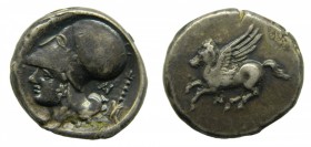 Acarnania - Anactorion (350-250 aC). Estátera corintia. Cabeza de Atena y Pegaso. Monograma An bajo pegaso. S 2248var. 8,5 g. Ar.
mbc+/mbc